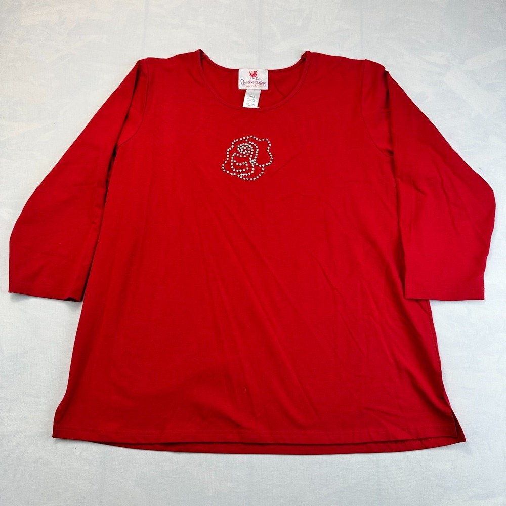 Quacker Factory Top Womens Large Red Rhinestone Embellished Rose 3/4 Sleeve